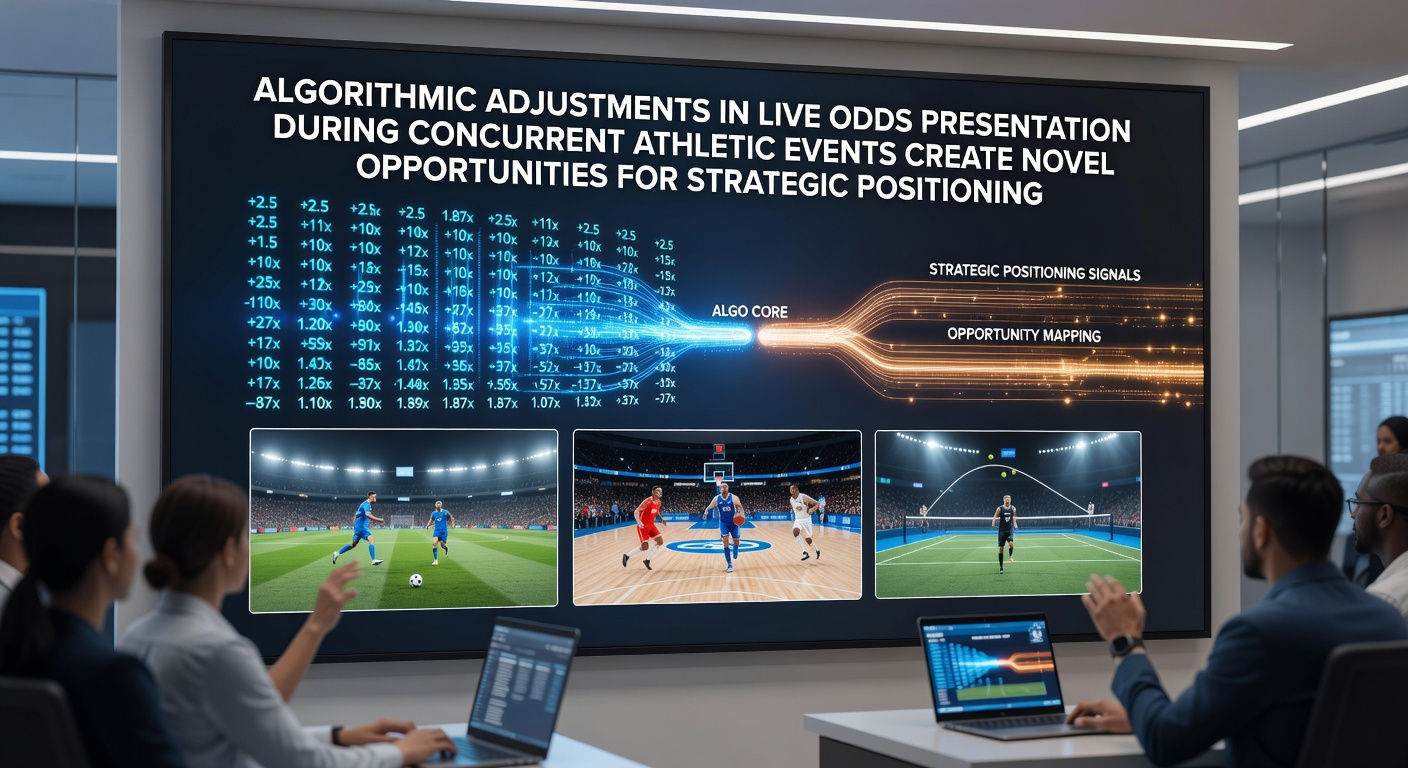 Illustration of live odds algorithms adjusting during overlapping sports events with multiple athletic competitions displayed on screens
