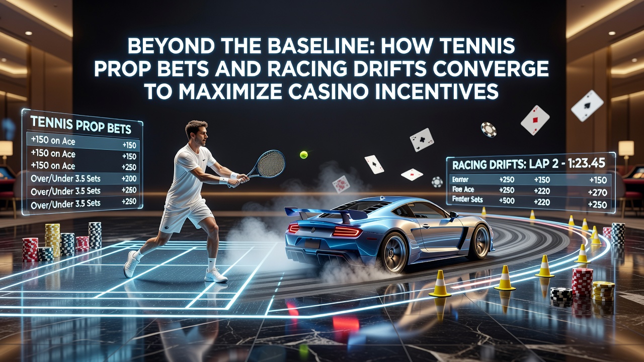 Tennis court with prop bet overlays next to horse racing odds boards showing drifts and casino bonus icons