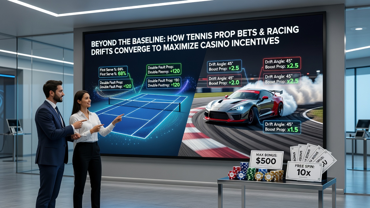 Split screen showing tennis player serving alongside a horse race with drifting odds and stacked casino reward icons