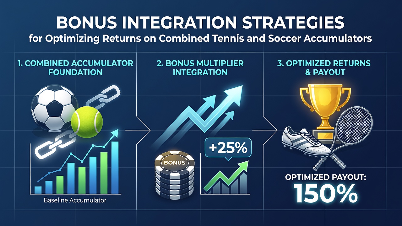 Close-up of betting slip showing tennis and soccer selections with bonus icons overlaid