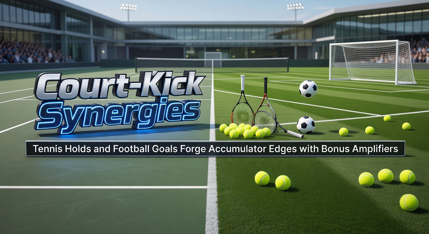 Dynamic split image showing a tennis player holding serve on clay court alongside a soccer player celebrating a goal, with overlaid accumulator bet graphics and bonus icons highlighting betting synergies
