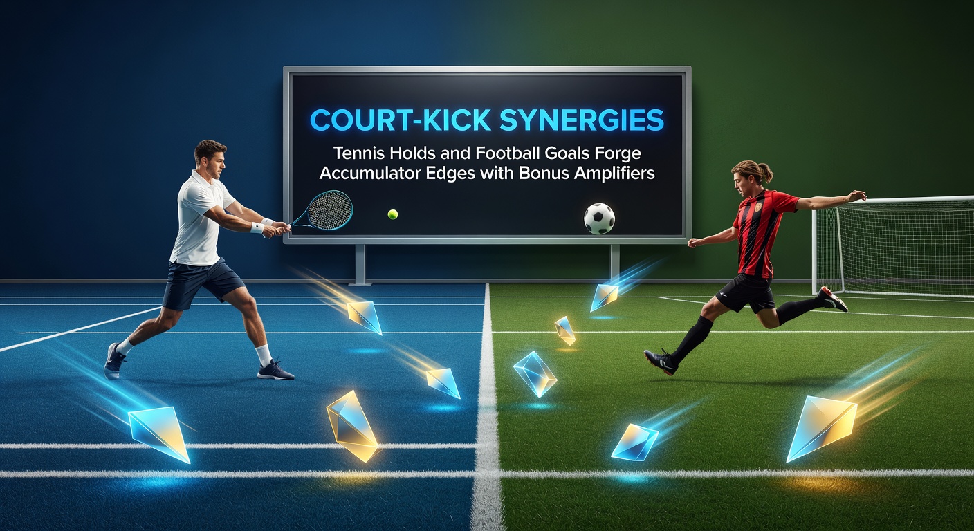 Infographic-style image depicting accumulator bet slip with tennis hold odds, soccer goal markets, bonus multipliers exploding payouts, and graphs showing win rates in April 2026 events