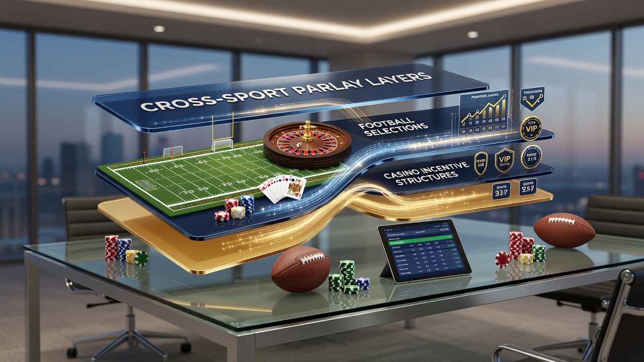 Diagram showing layered parlay structures linking football matches to casino bonus activations