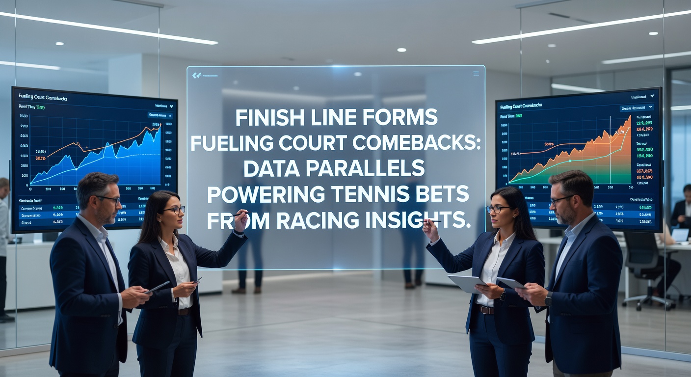 Horse racing finish line with jockeys crossing, overlaid with tennis player mid-rally on court, symbolizing data parallels in betting