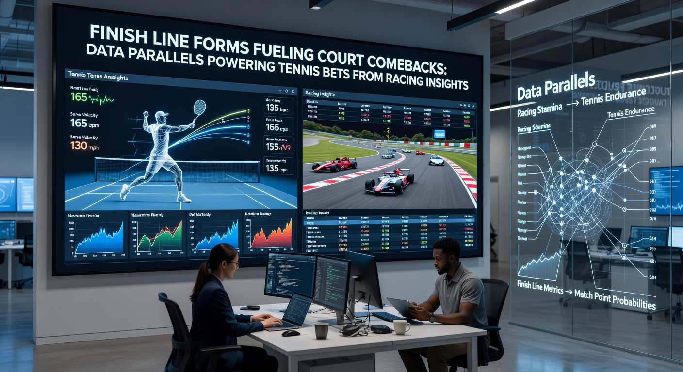 Tennis player celebrating a comeback point on clay court, with racetrack data charts superimposed, highlighting betting insights