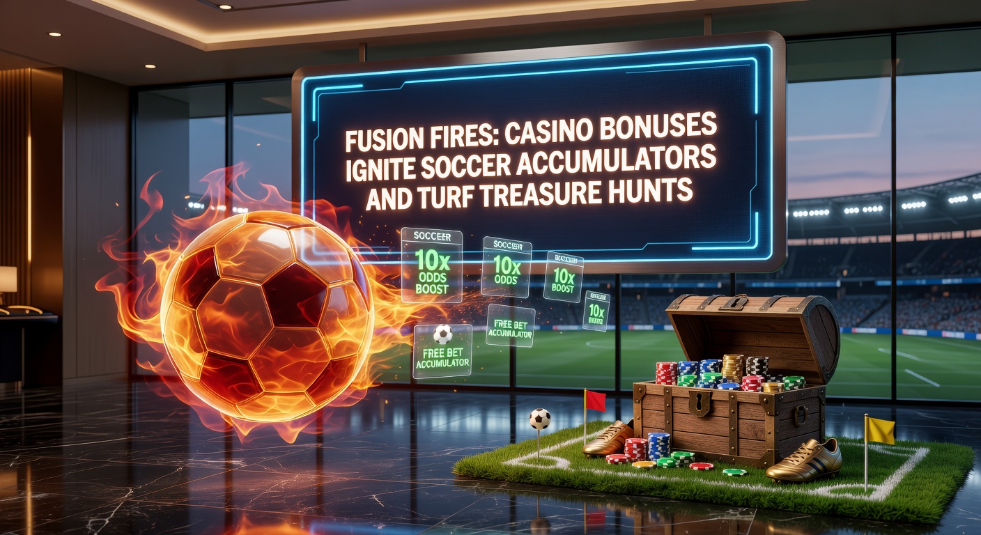 Dynamic scene of a soccer accumulator bet slip merging with a horse racing treasure map, overlaid by casino bonus icons and odds explosions