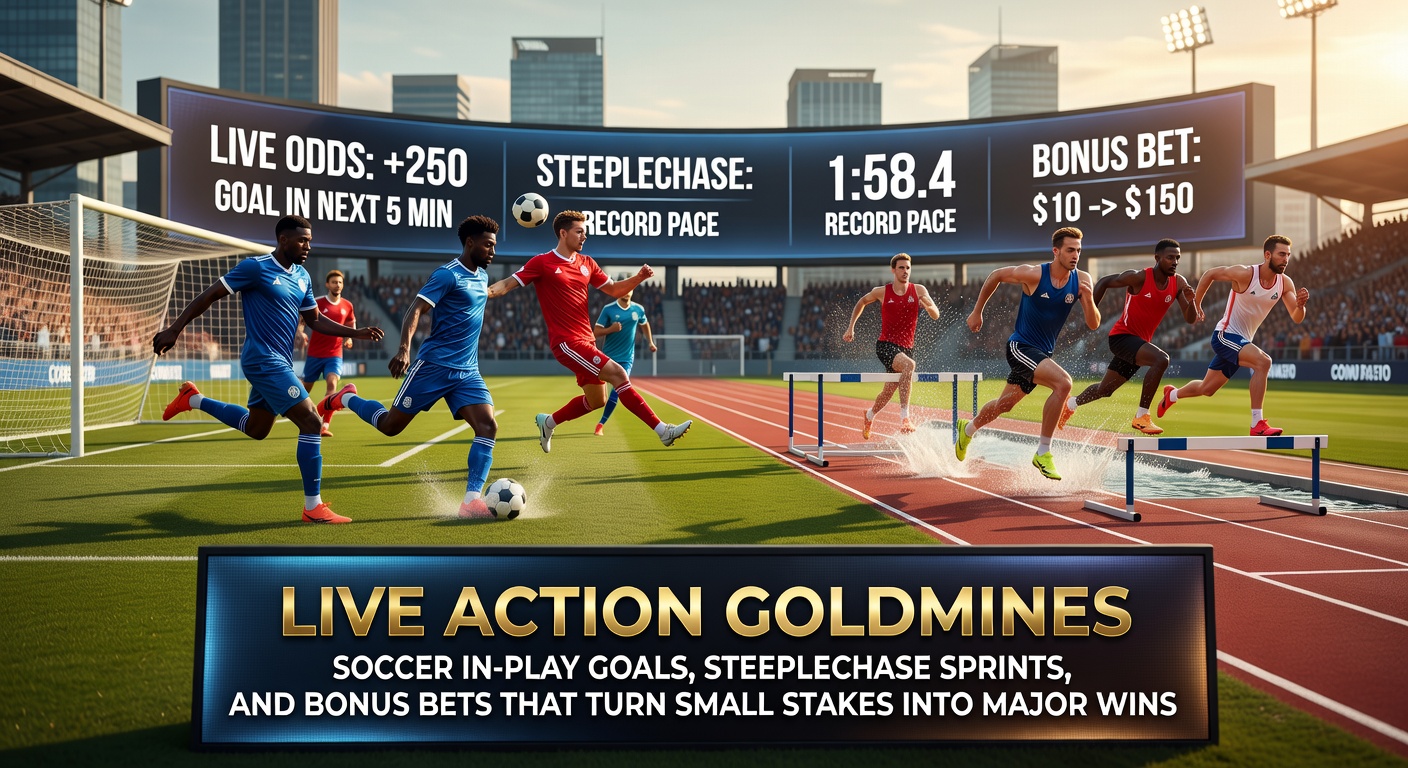 Close-up of a steeplechase horse leaping a hurdle in full sprint, spray flying from hooves on a rainy track, embodying the live betting adrenaline