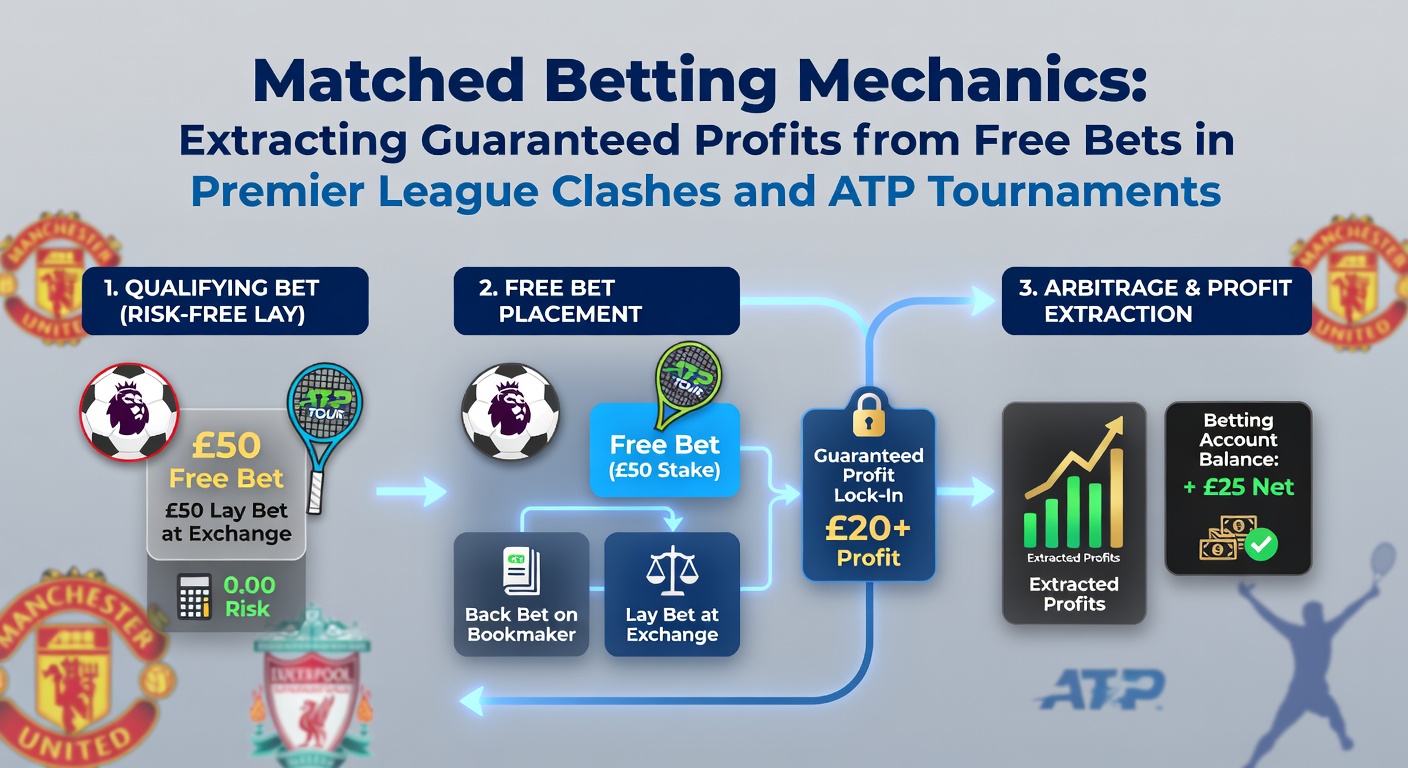 Graphic illustrating matched betting process with soccer pitch and tennis court overlays, showing back and lay bets balancing to zero risk
