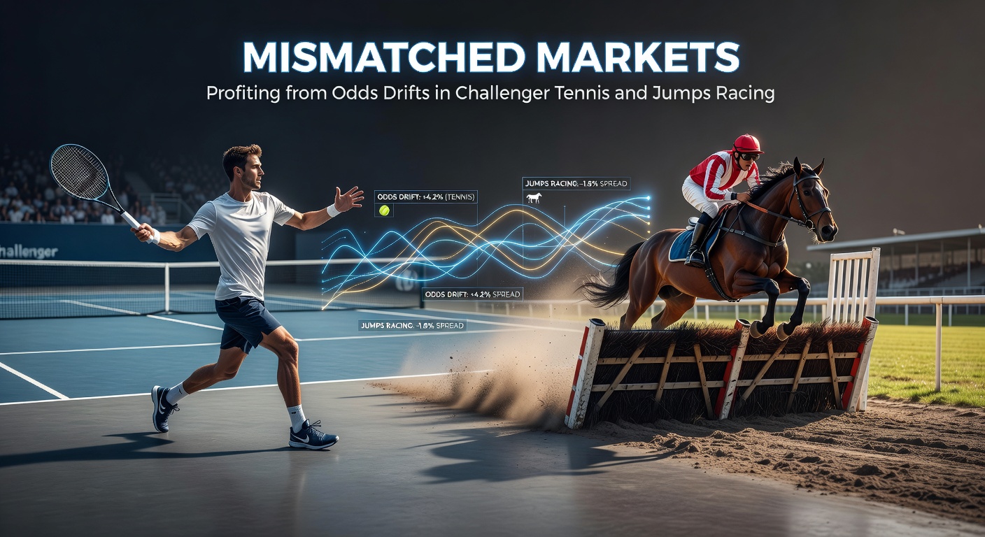 Tennis player serving on challenger court with overlaid odds graphs showing drift patterns; jumps race horses leaping hurdles in misty conditions