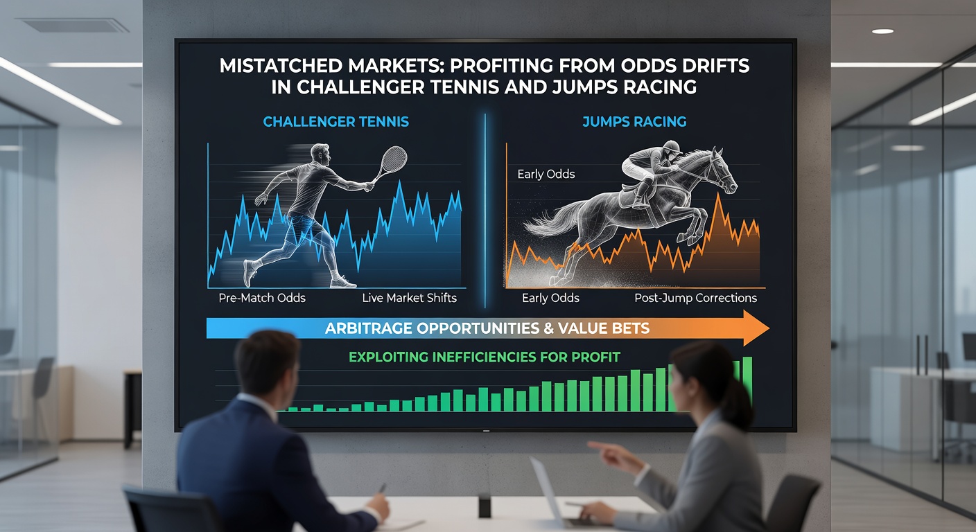 Close-up of jumps horse mid-leap over obstacle with bookmaker odds screen inset displaying rapid drift; challenger tennis scoreboard flickering amid crowd