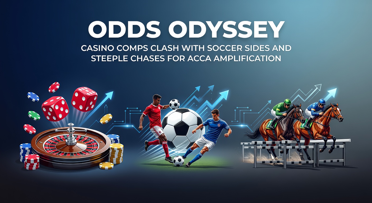 Bettors combining casino bonuses with soccer and steeplechase accumulator bets, showing dynamic odds boards and race visuals