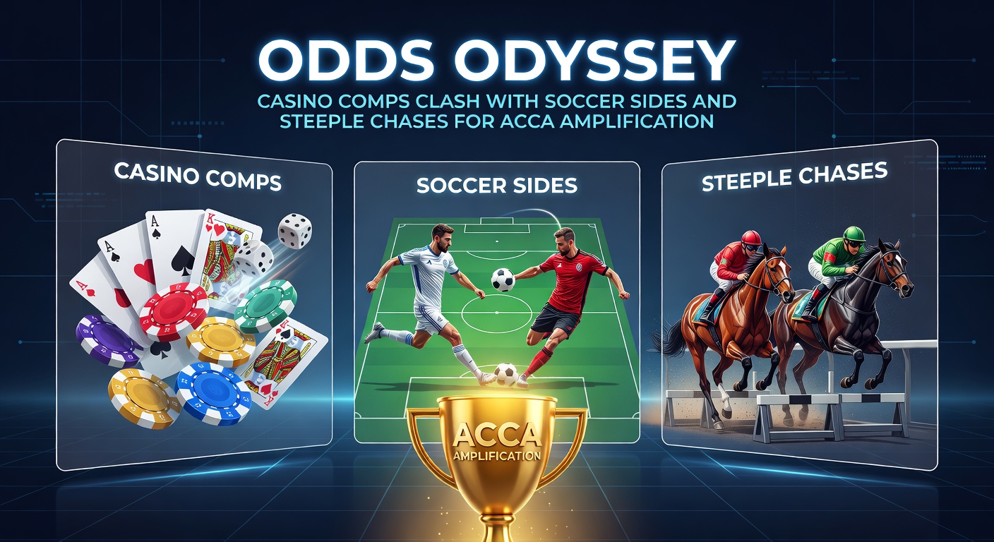 Dynamic scene of steeplechase action intertwined with soccer pitch and casino slot symbols, illustrating acca amplification