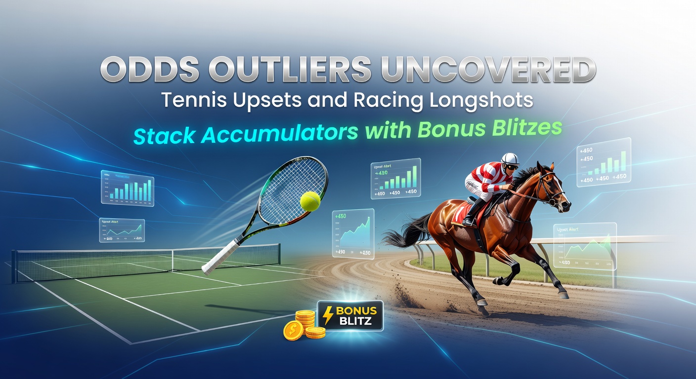 Dynamic graphic showing a tennis player celebrating an upset victory overlaid with horse racing longshot odds charts and accumulator payout symbols