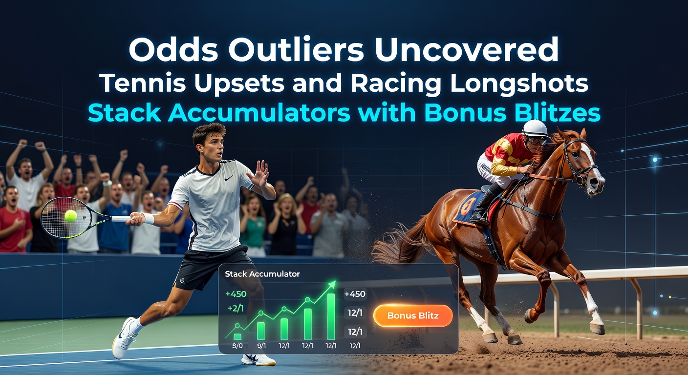 Vibrant scene of a horse crossing the finish line as a massive longshot winner, intertwined with tennis net graphics and exploding accumulator bonus icons