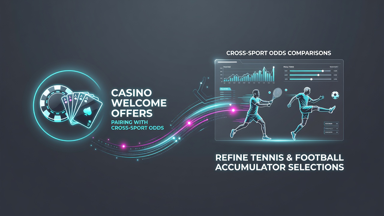 Casino welcome offers displayed alongside tennis and football betting interfaces for accumulator planning
