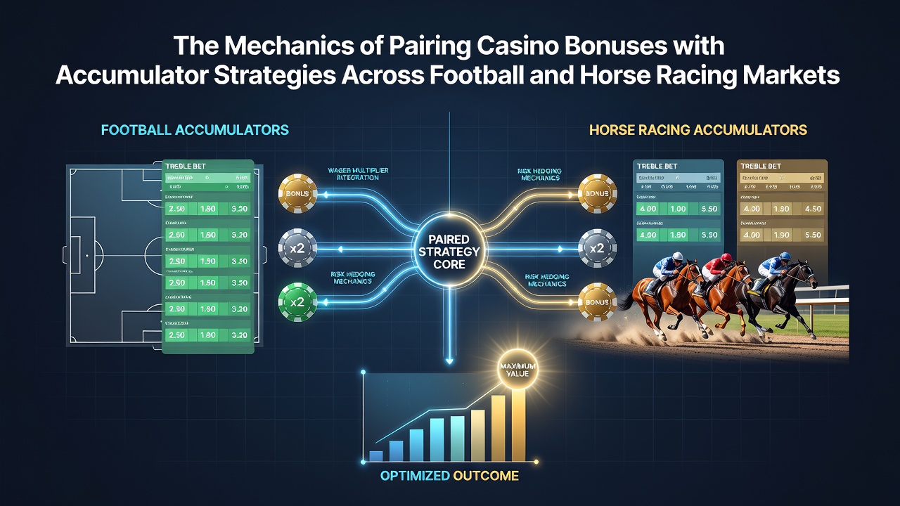 Casino bonus mechanics illustrated alongside football accumulator bet slips and horse racing odds boards