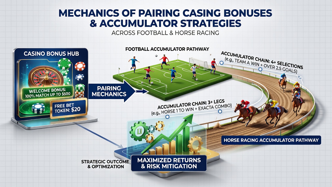Horse racing accumulator ticket next to casino bonus balance display showing rollover progress
