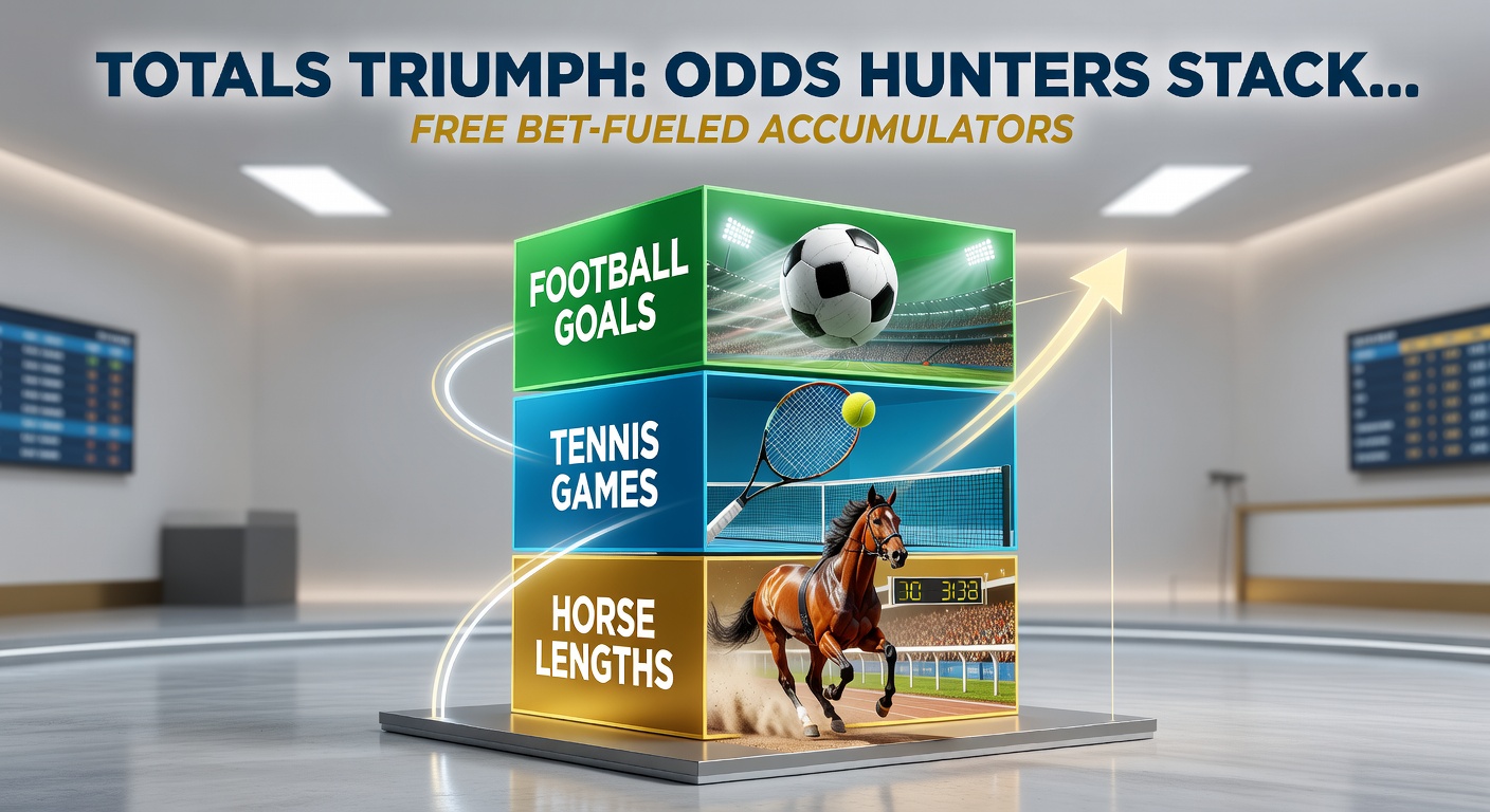 Vibrant collage showing football goals flying into nets, tennis players mid-rally counting games, and horses crossing finish lines with measured lengths, overlaid with accumulator bet slips and free bet icons