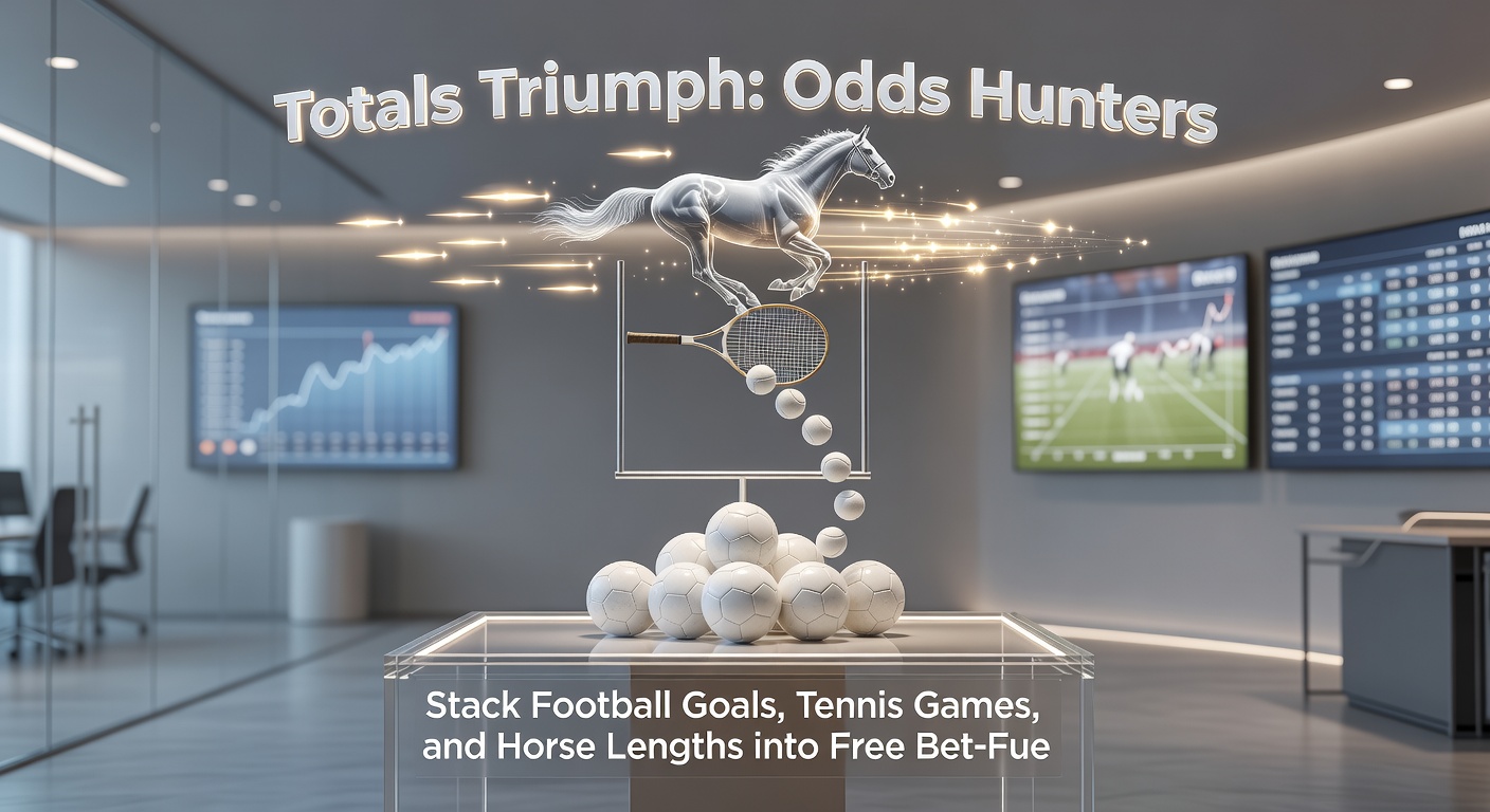 Dynamic split image of a tennis scoreboard ticking up games during a clay court battle, football crowd roaring at a goal tally, and a close-up of a horse race photo finish measuring lengths, with acca payout graphics bursting in the background