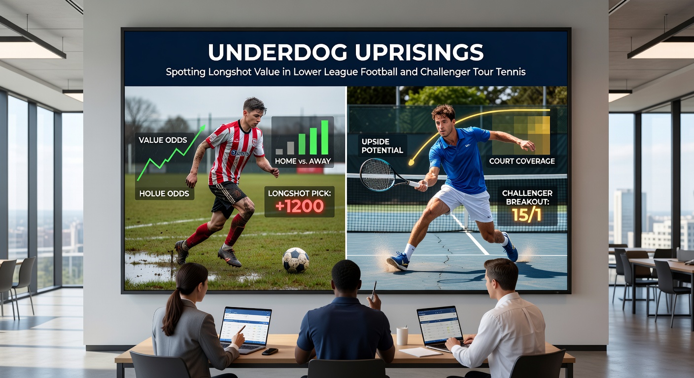 An intense Challenger Tour tennis rally on clay courts, capturing a lower-ranked player pushing a higher seed to the brink, emblematic of value-laden upsets in these tournaments.