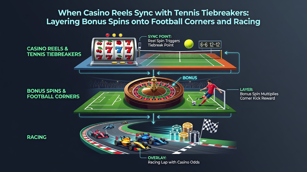 Split screen showing football corner statistics, racing odds drift chart, and spinning casino reels in one betting dashboard
